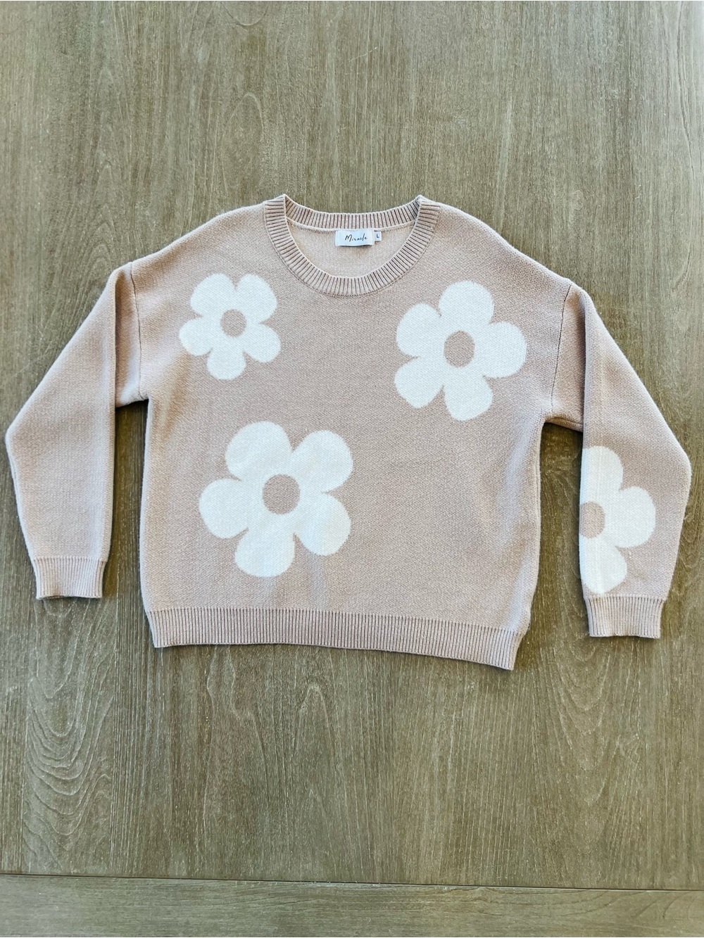 Miracle Beige Crewneck Sweater with White Floral Appliqué